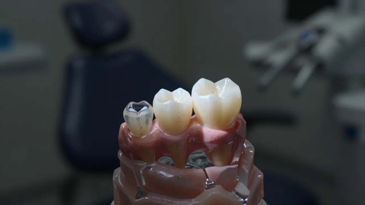 Temporary acrylic crown on dental tray next to the prepared tooth.