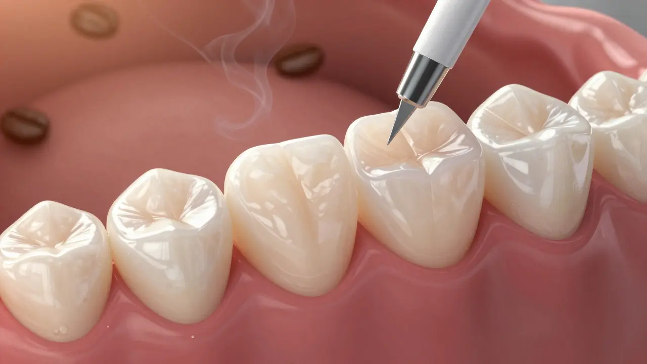 Tenká keramická fazeta přilepená na zub s detaily skloviny a dentinu.