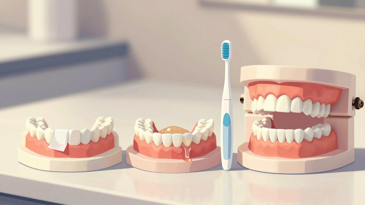 Tři typy domácích bělicích produktů na stole: proužky, zátky a štětec, s porovnáním profesionální šablony.