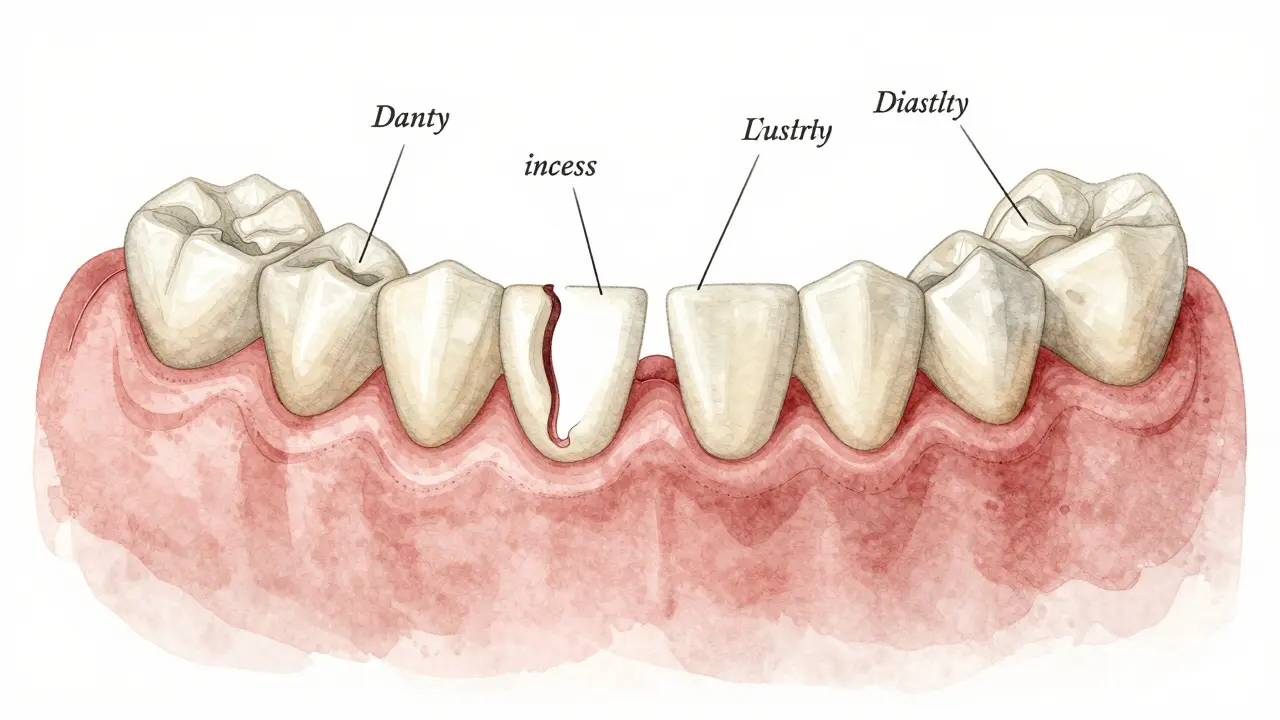 Umělecký náčrt horní čelisti s diastemou a ztenčenou kostí pod zuby.