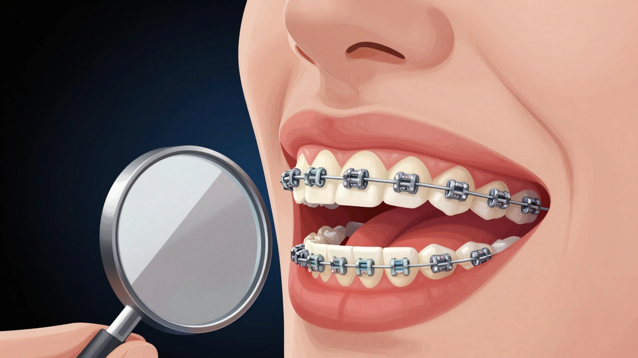 Vnitřní pohled na jazyková rovnátka na zadní straně zubů, zobrazená v zrcadle.
