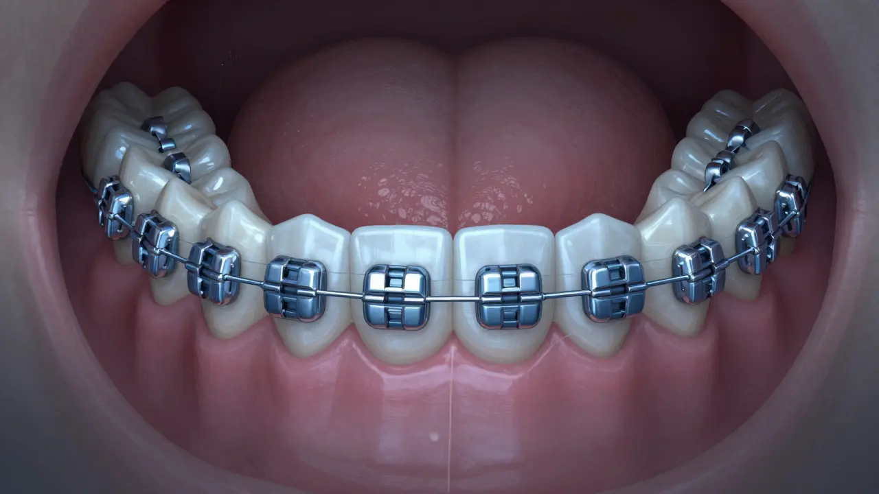 Vnitřní strana zubů s lingválními rovnátky, viděno zevnitř úst.