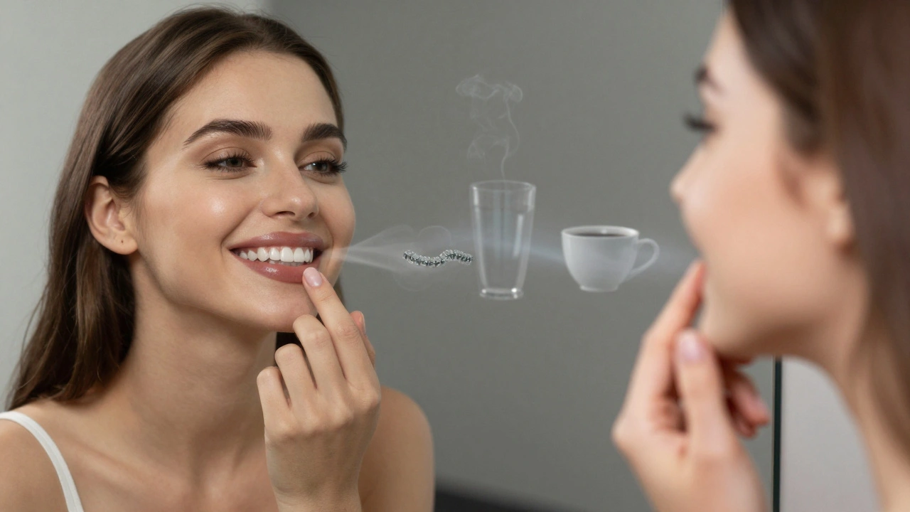 Žena se dívá do zrcadla, její odraz ukazuje úsměv bez vad, zatímco staré problémy mizí.