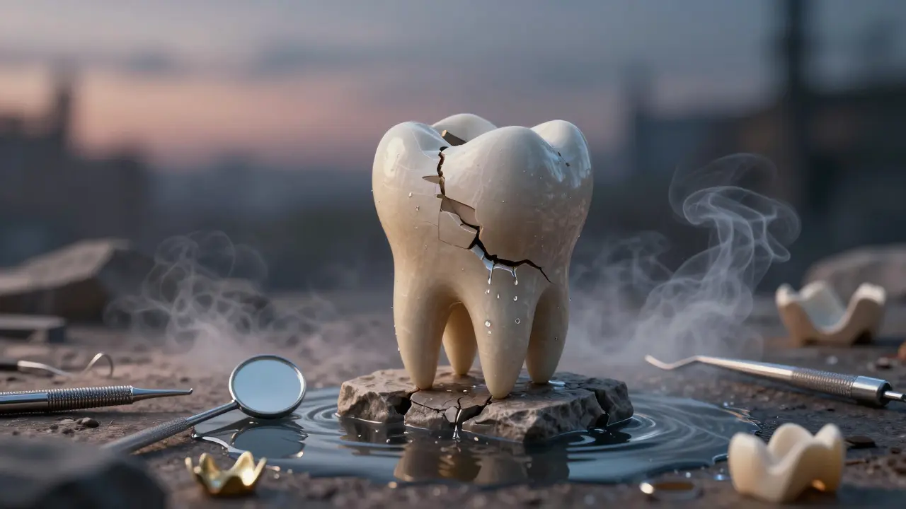 Zlomený zub jako padající kamenný sloup s průtokem škodlivých látek