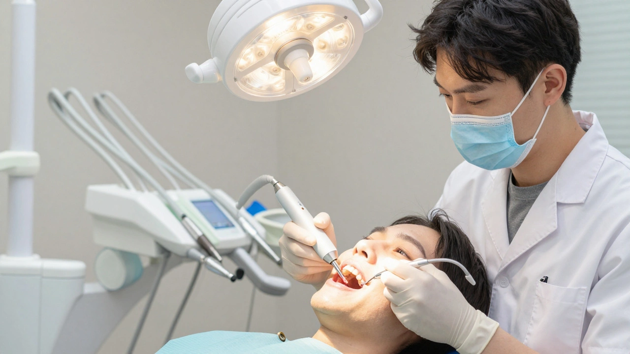 Zubař odstraňuje zubní kámen pomocí ultrazvukového přístroje