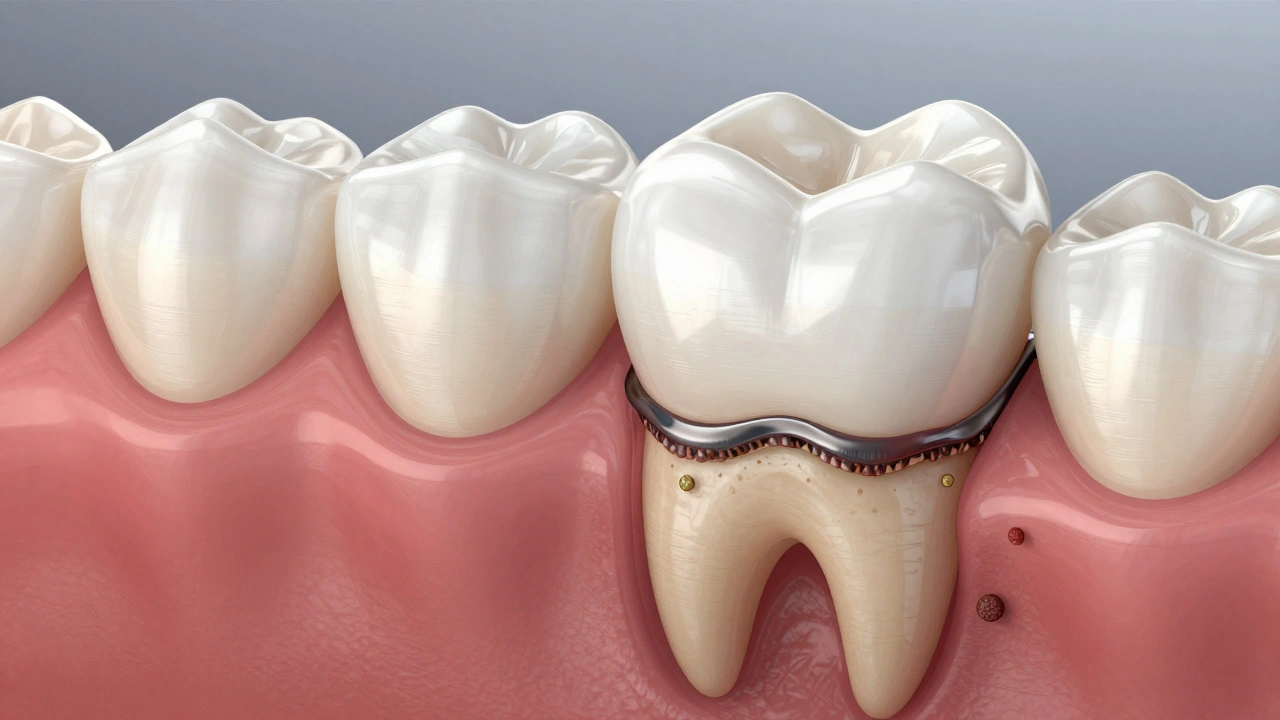 Zvětšený pohled na hranici zubní fazety s vrstvou plaku, která se hromadí pod ní.