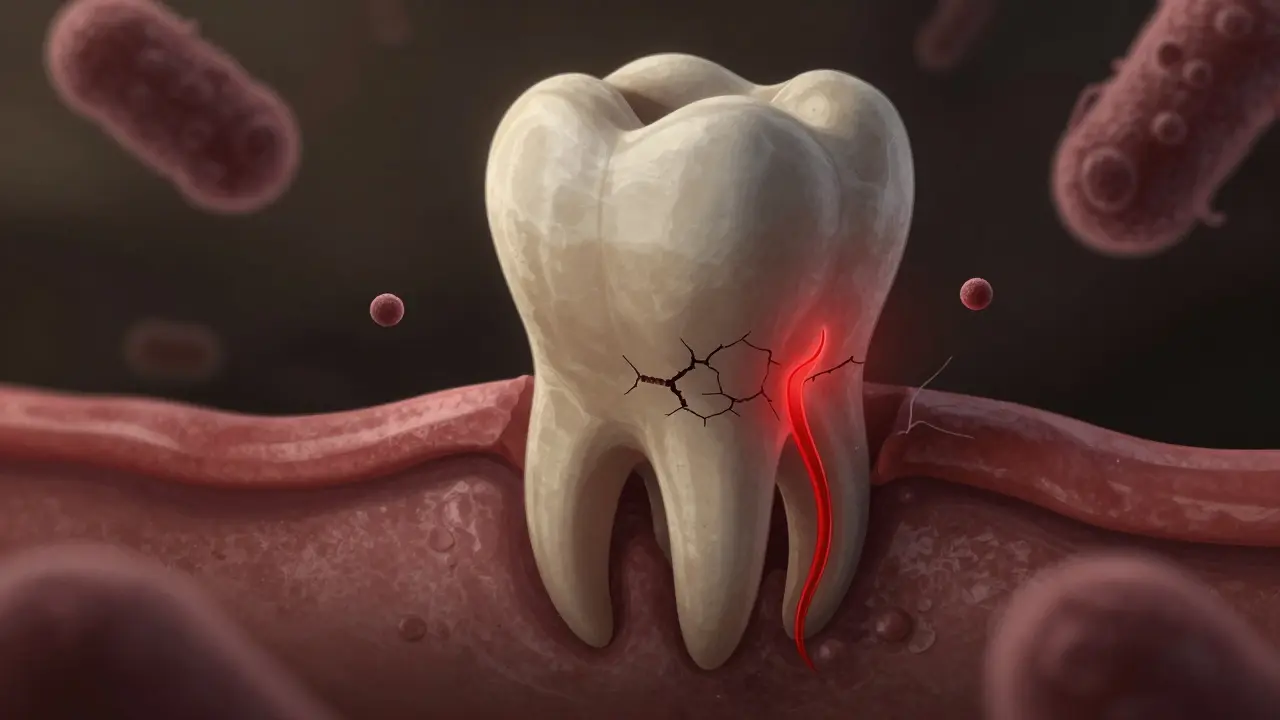 Zvětšený pohled na zub s viditelným zánětem nervu a bakteriemi.