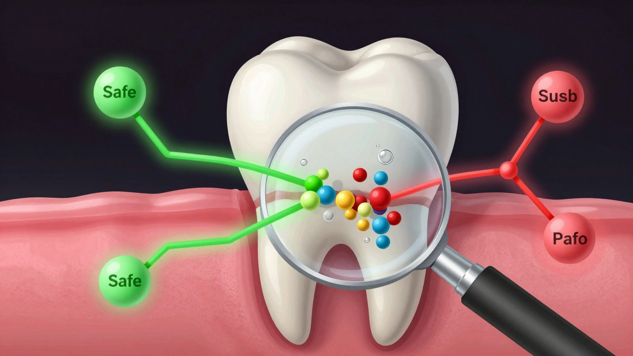 Zvětšený řez zubem ukazující rozklad pigmentů kyslíkem z peroxidu vodíku ve srovnání s nebezpečnými cestami.
