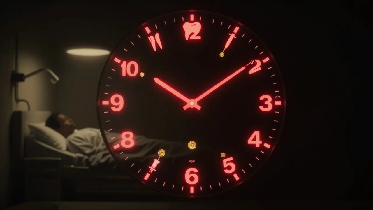 24hodinový hodinový kruh s zubními symboly, noc je červená, mince padají z hodin.