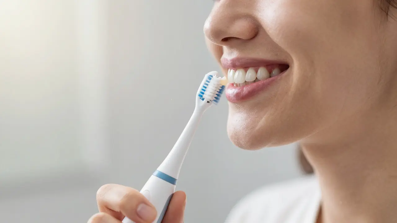 Člověk používá ultrazvukový čistič zubů, zubní kámen se mění v prachové částice ve vzduchu.