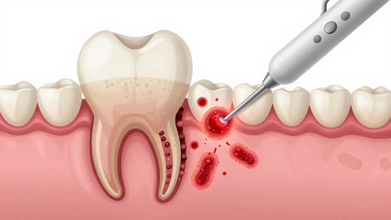 Cross-section of tooth showing infected pockets versus clean tissue after curettage.