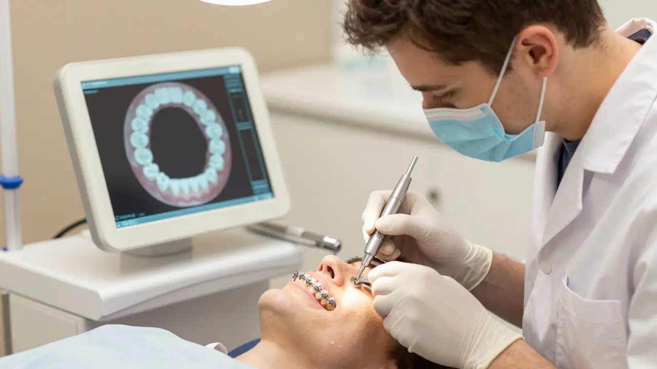 Dentální technik v klinice připevňuje keramická rovnátka na zuby pacienta.