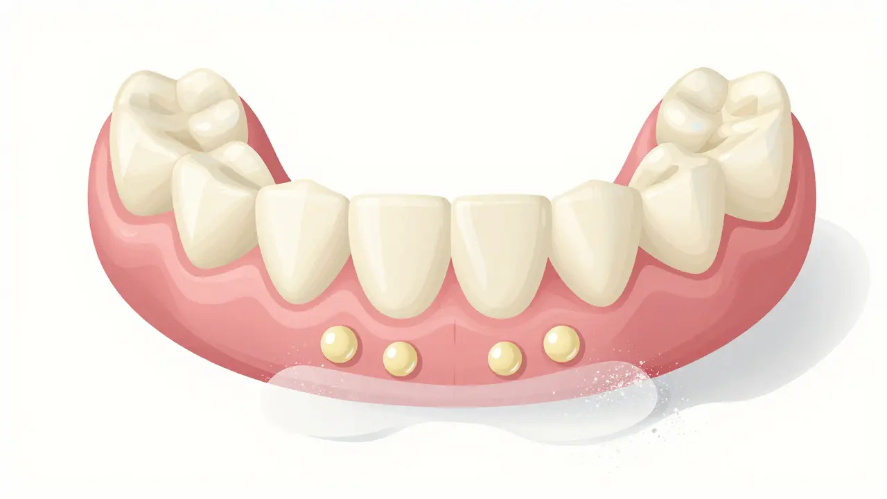 Detail zubní protézy s přesně naneseným lepidlem ve formě proužků a kapek.