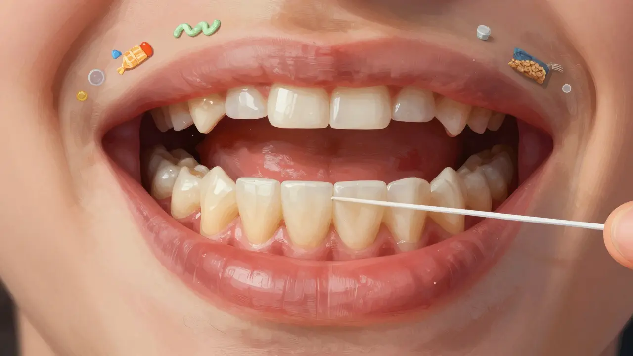 Detailný výřez úst s zdravými dásněmi a zuby, zatímco sladkosti v pozadí zanikají.