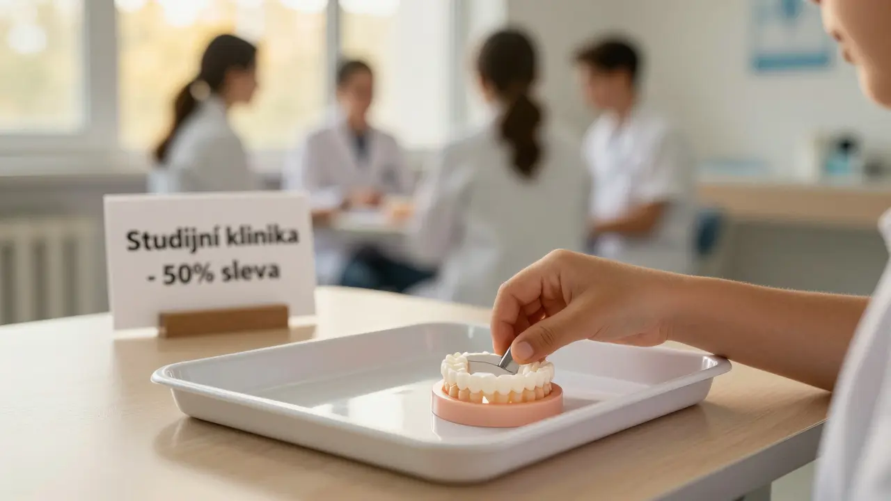 Dítě v klinice předává otisk zubů studentovi stomatologa, teplé světlo a odborníci v pozadí.