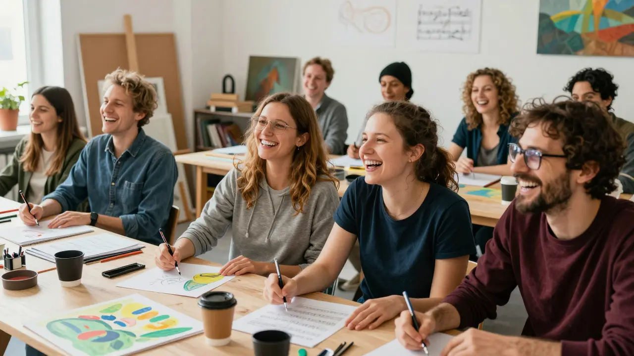 Dospělí v uměleckém studiu kreslí, zpívají a smějí se, nosí moderní ortodontické přístroje.