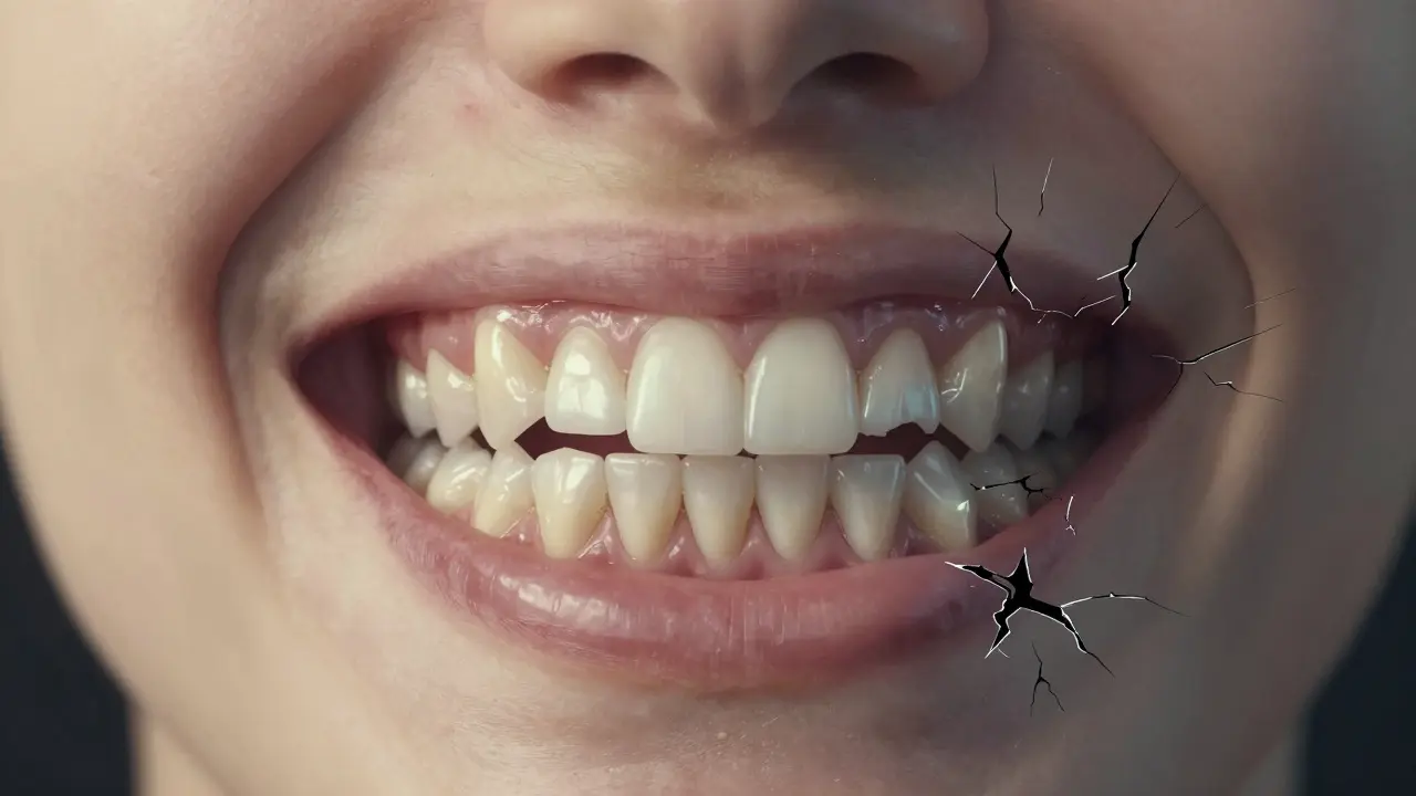 Dvě čelisti vedle sebe: jedna zdravá s rovnými zuby, druhá poškozená s vystupujícími kořeny a zánětem.