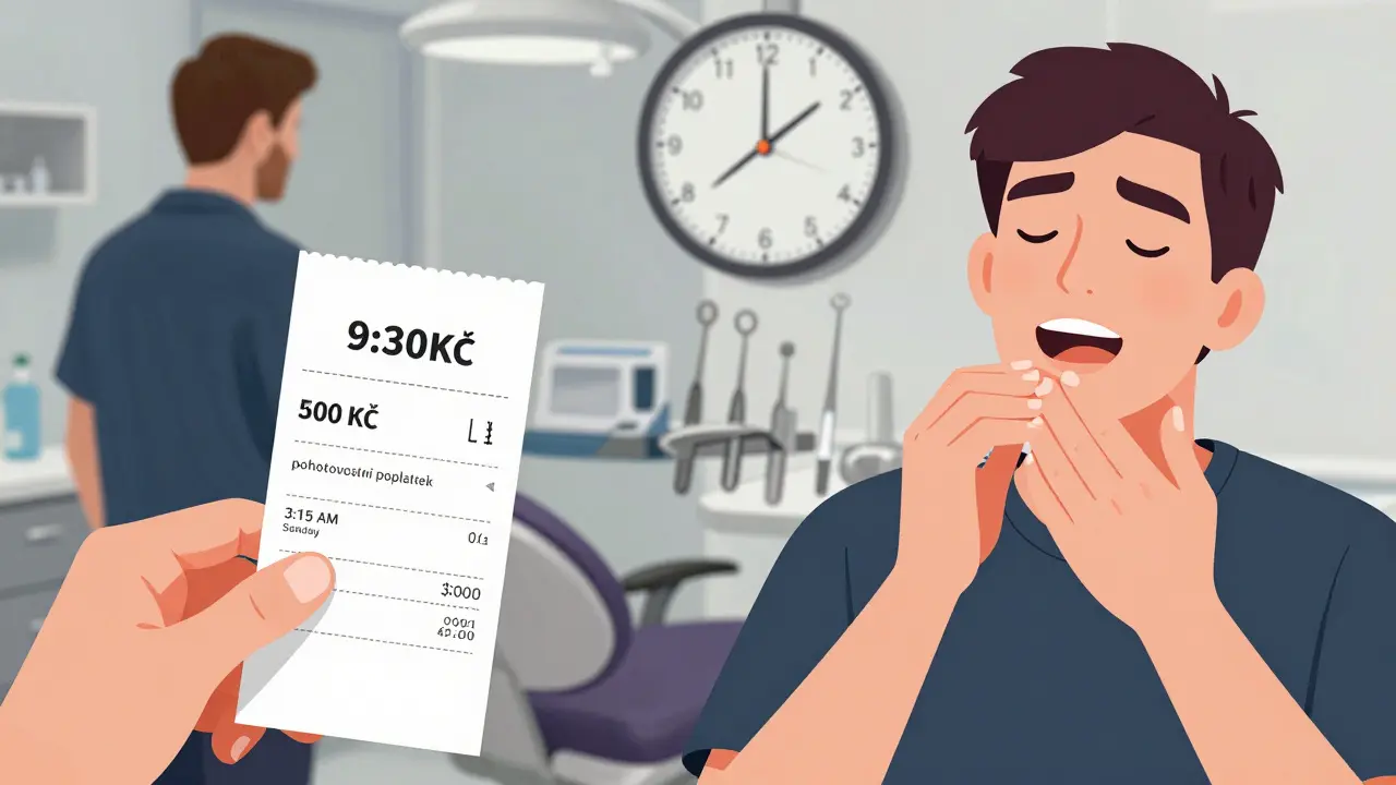 Dvě návštěvy zubní pohotovosti – večer a v noci – s účty ukazujícími poplatek.