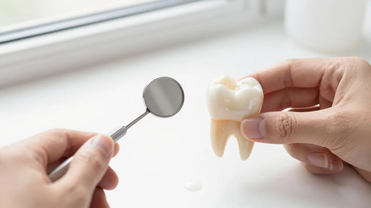 Dvě zuby vedle sebe: jeden hrubý, druhý hladký, s kapkou gelu na bílém pozadí.