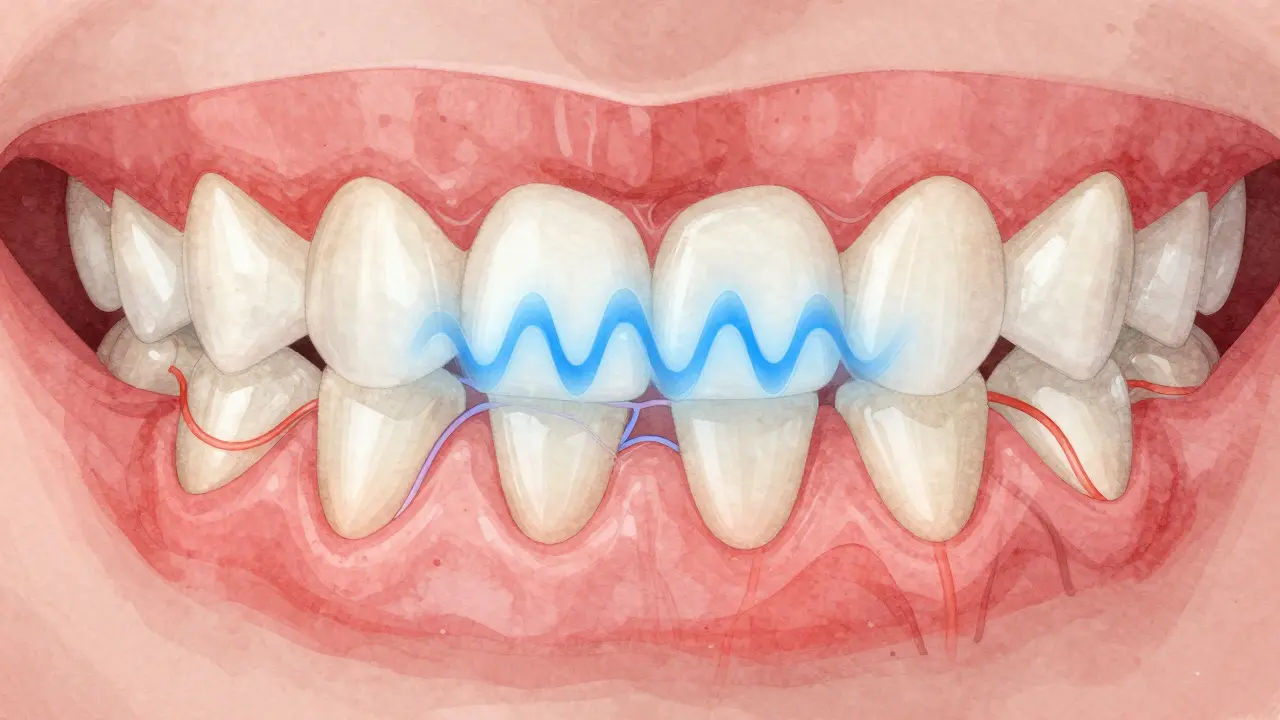 Ilustrace předních zubů s inflamovanými dásněmi a chladným proudem snižujícím krevní oběh.