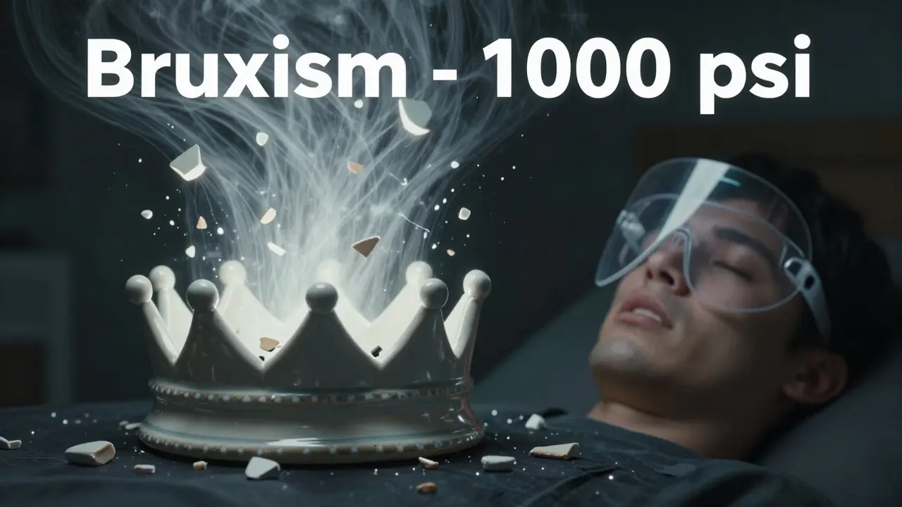 Keramická korunka se rozbíjí pod tlakem bruxismu, zatímco noční ochrana visí jako štít.