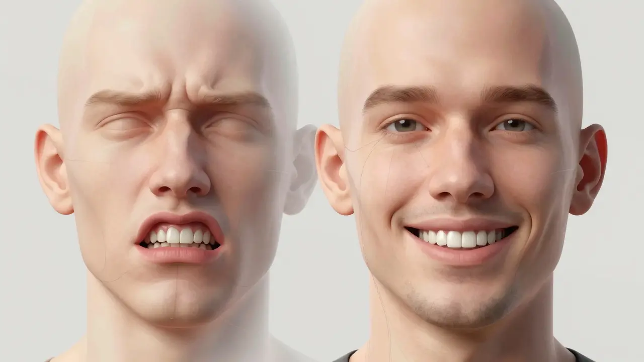 Konceptuální obraz tváře v přeměně: jedna strana s křivými zuby a napjatým výrazem, druhá s rovnými zuby a klidným úsměvem.