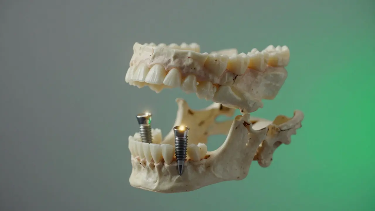 Konceptuální obrázek ztráty kosti čelisti a implantátů, které ji obnovují.