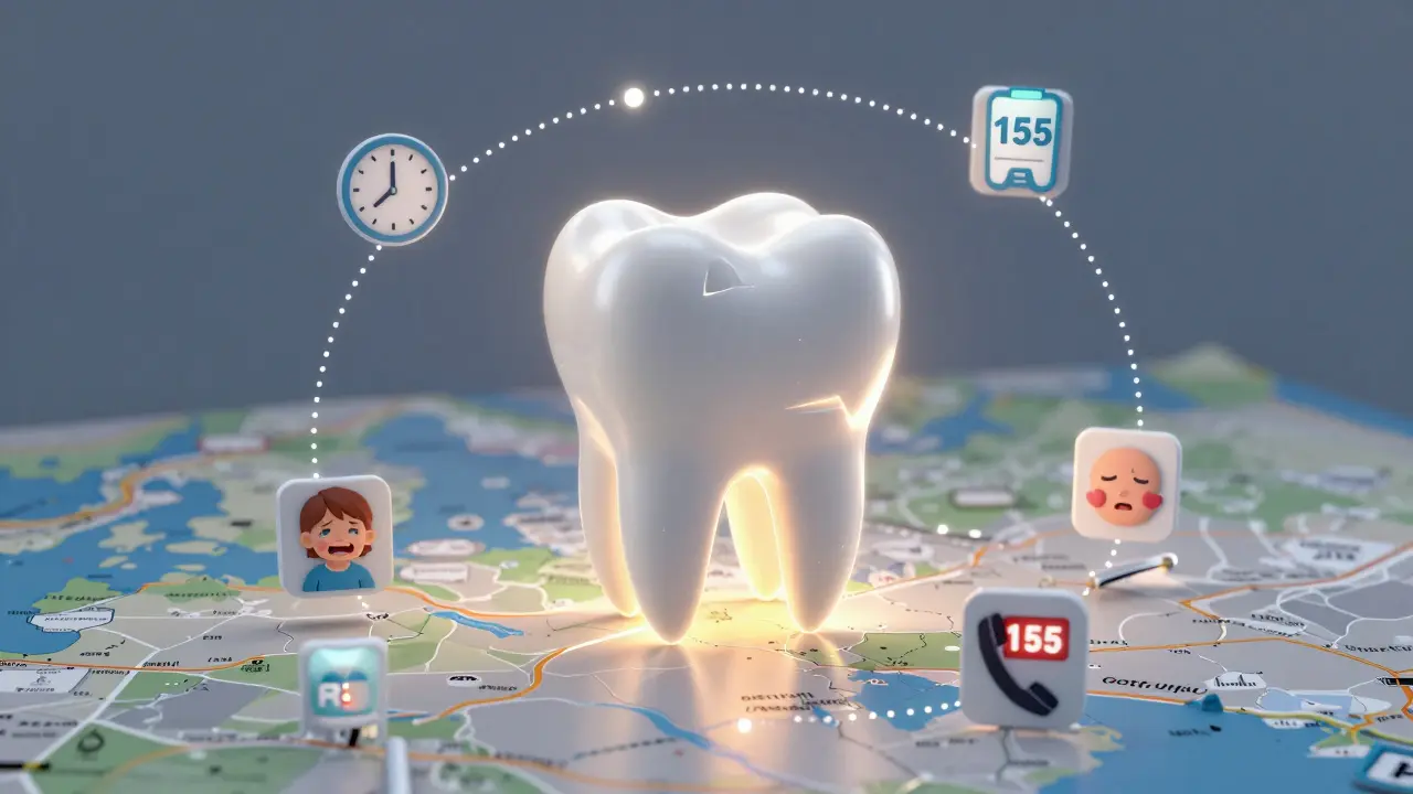 Kreslená mapa Prahy s označenými pohotovostními zubními klinikami a symboly nouzových situací.