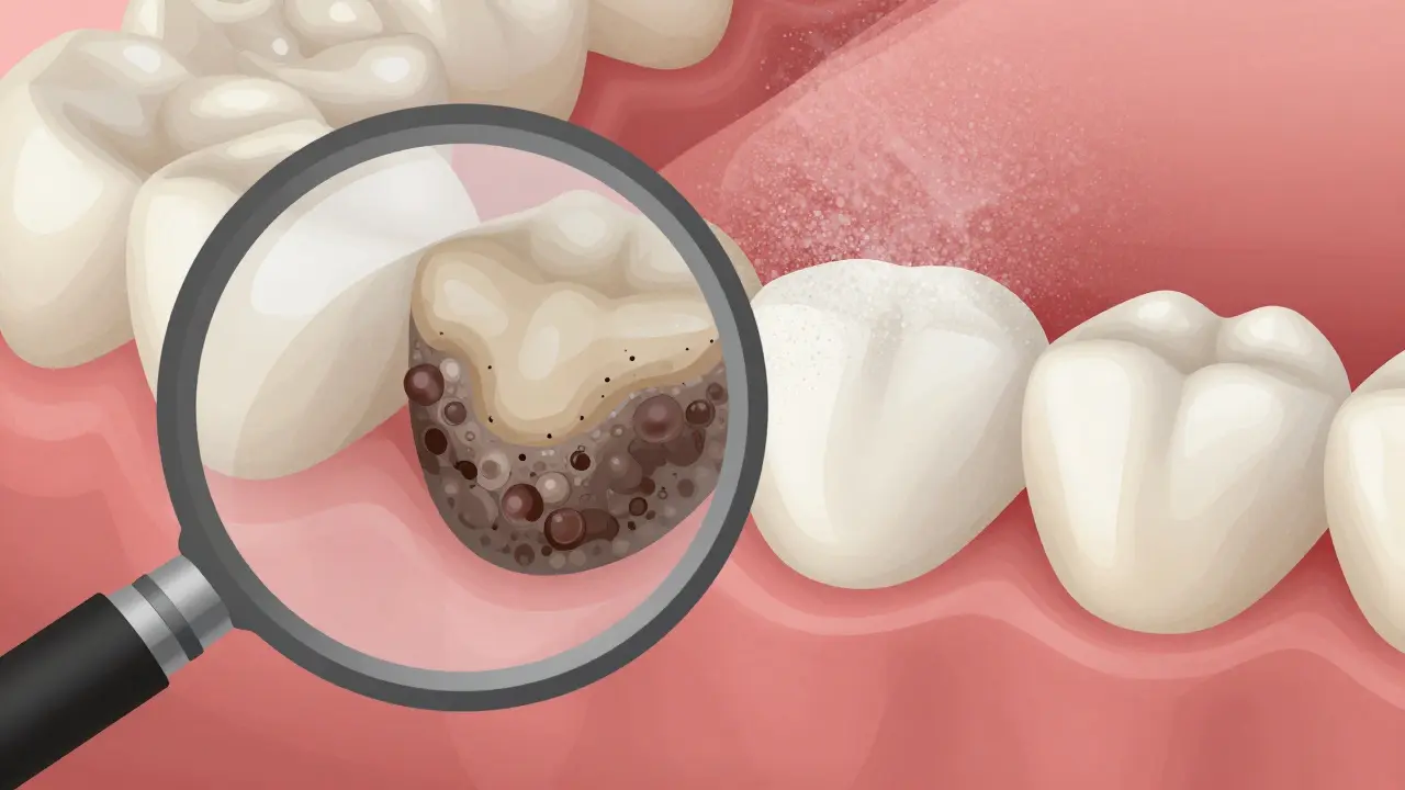 Magnified view of teeth showing tartar buildup transforming into clean enamel with fine sand particles.