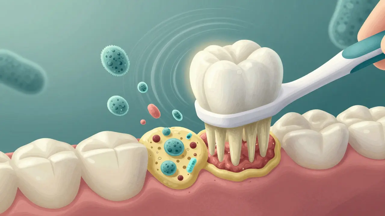 Mikroskopický pohled na odstraňování plaku sonickými vlnami mezi zuby.