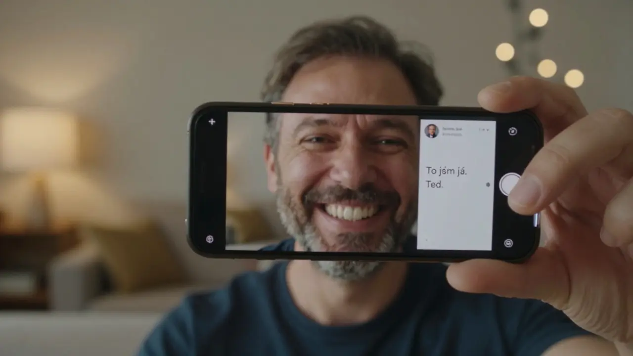 Muž nahrává selfie s autentickým úsměvem a keramickými zuby.