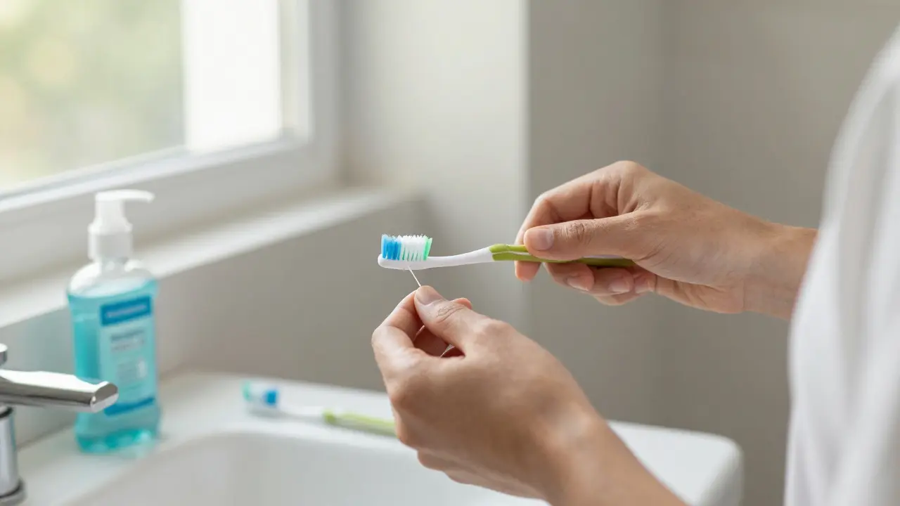 Person brushing teeth at home with soft brush and floss, symbolizing post-treatment care.