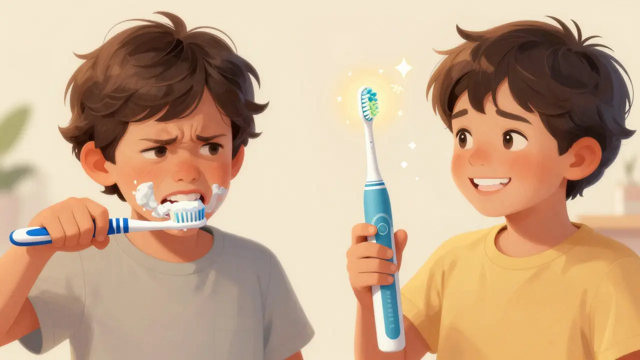Porovnání dítěte s manuálním a elektrickým kartáčkem – úspěch proti frustraci.