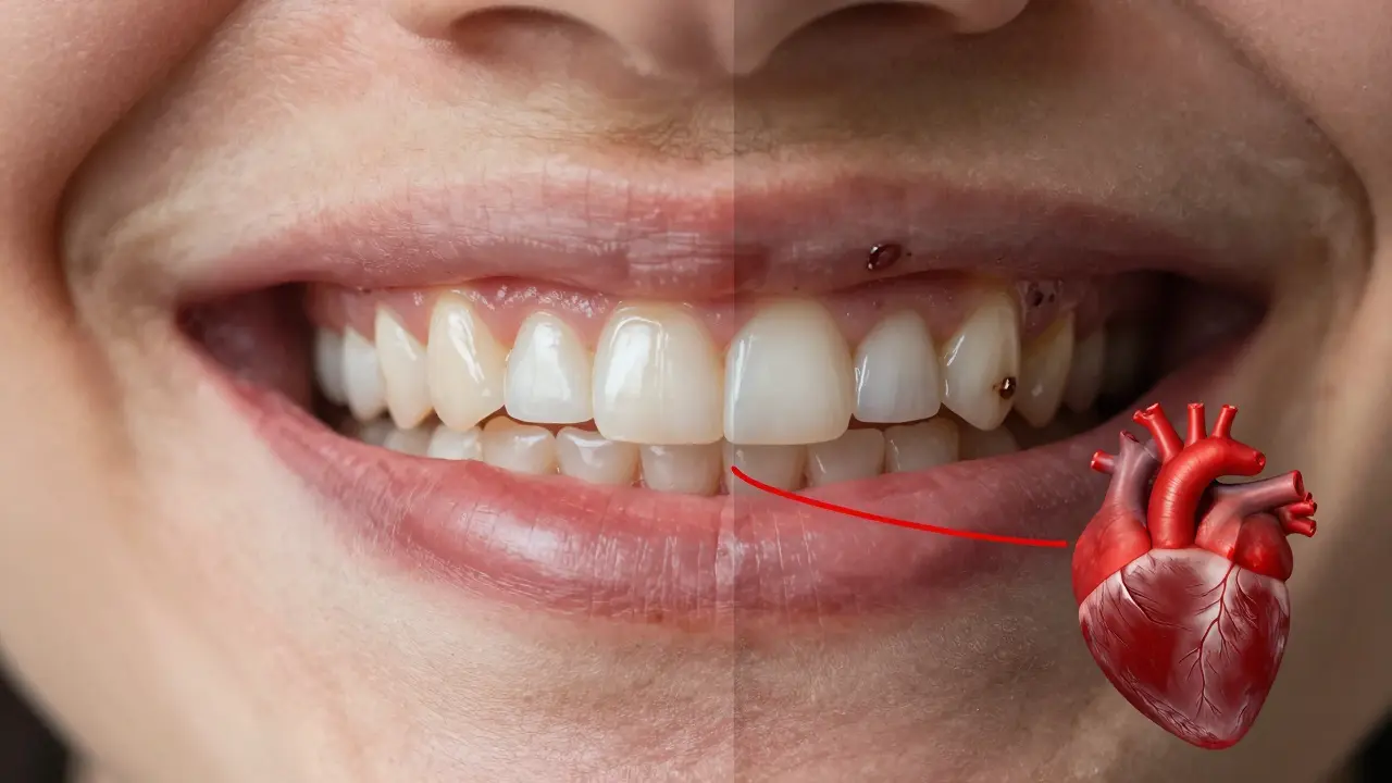 Porovnání zdravého a postiženého zubu s propojením na zdraví srdce