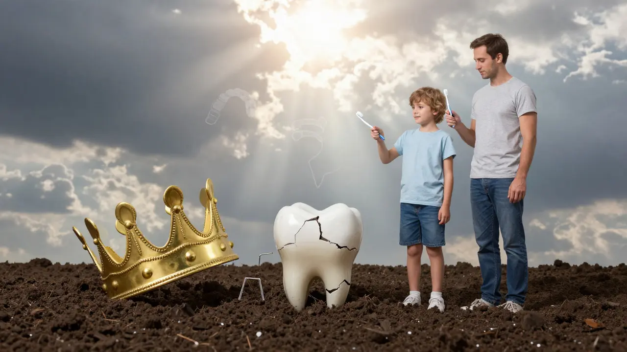 Poškozený zub klesá do země, zatímco dítě a dospělý drží kartáčky ve světle.