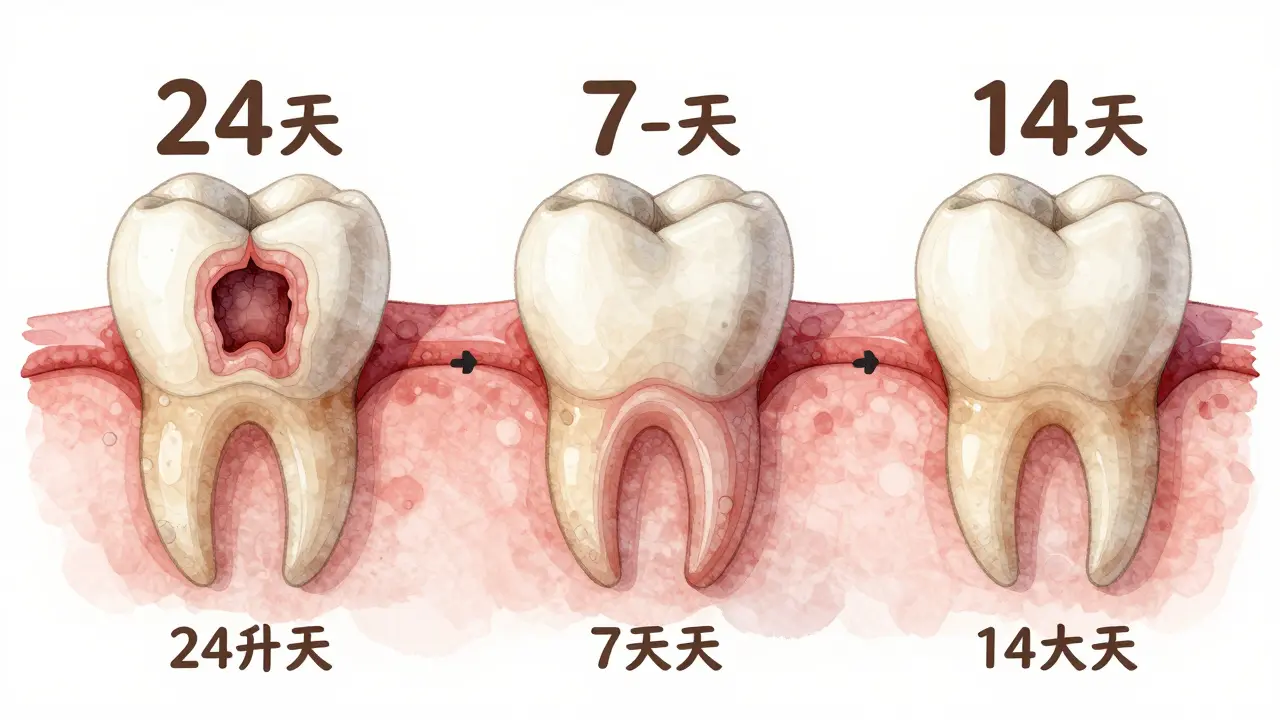 Postupné hojení dásně po extrakci zubu: 24 hodin, 7 dní a 14 dní.