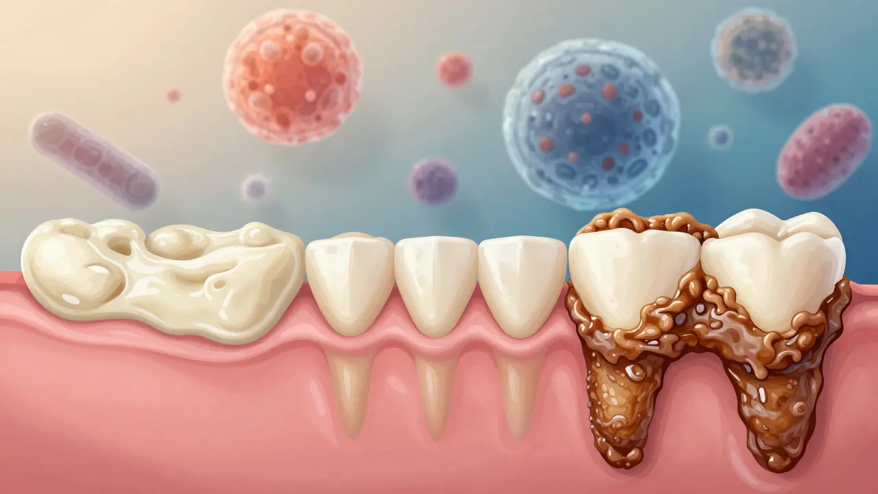 Postupné tvorbě zubního kamene u psa: plak se mění v tvrdou vrstvu na zubech.