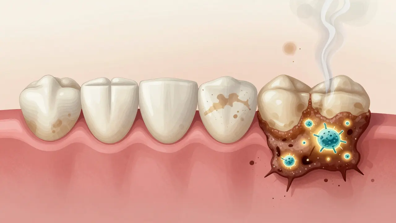 Postupný vývoj plaku na zubech do tvrdého zubního kamene s bakteriálními detaily.