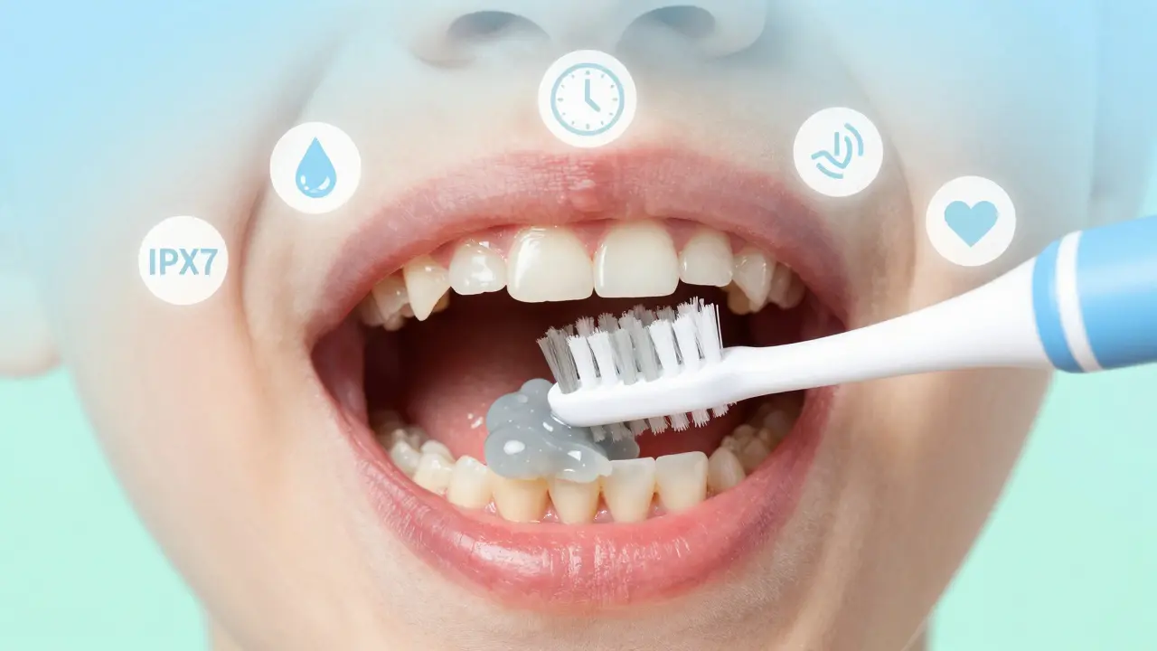 Přehled vnitřního pohledu na dětské zuby během čištění elektrickým kartáčkem.