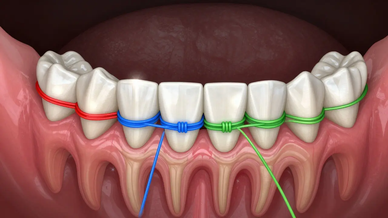 Příčný řez čelisti s barevnými silovými čarami ukazujícími pohyb zubů pomocí gumiček.