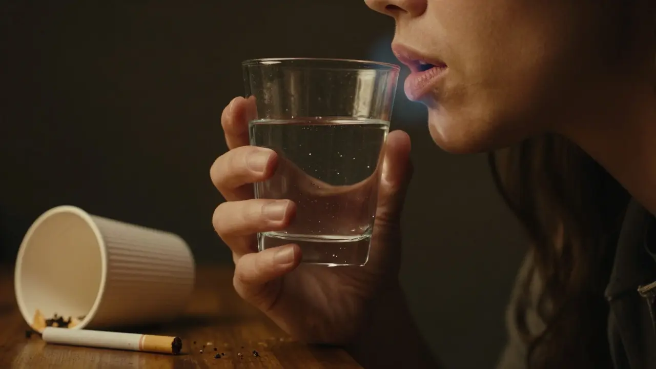 Ruka drží sklenici vody vedle úst, symbolizující správnou péči po extrakci zubu.