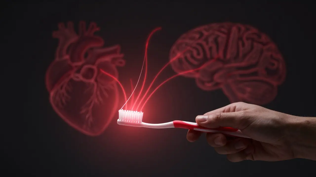 Ruka držící kartáček a nit, s červenými vlnami označujícími zánět šířící se do těla.