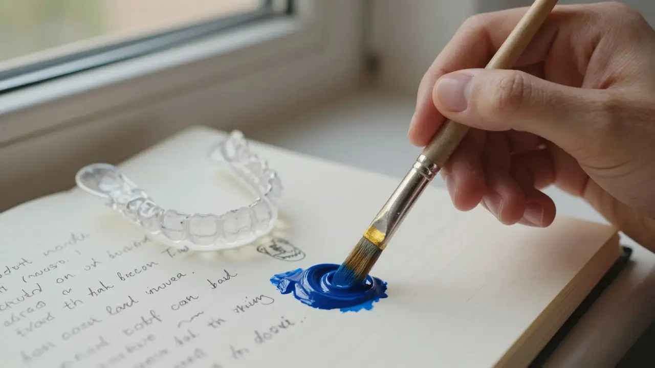 Ruka s kartáčkem maluje, na okně leží průhledná rovnátka vedle poznámek s texty písní.