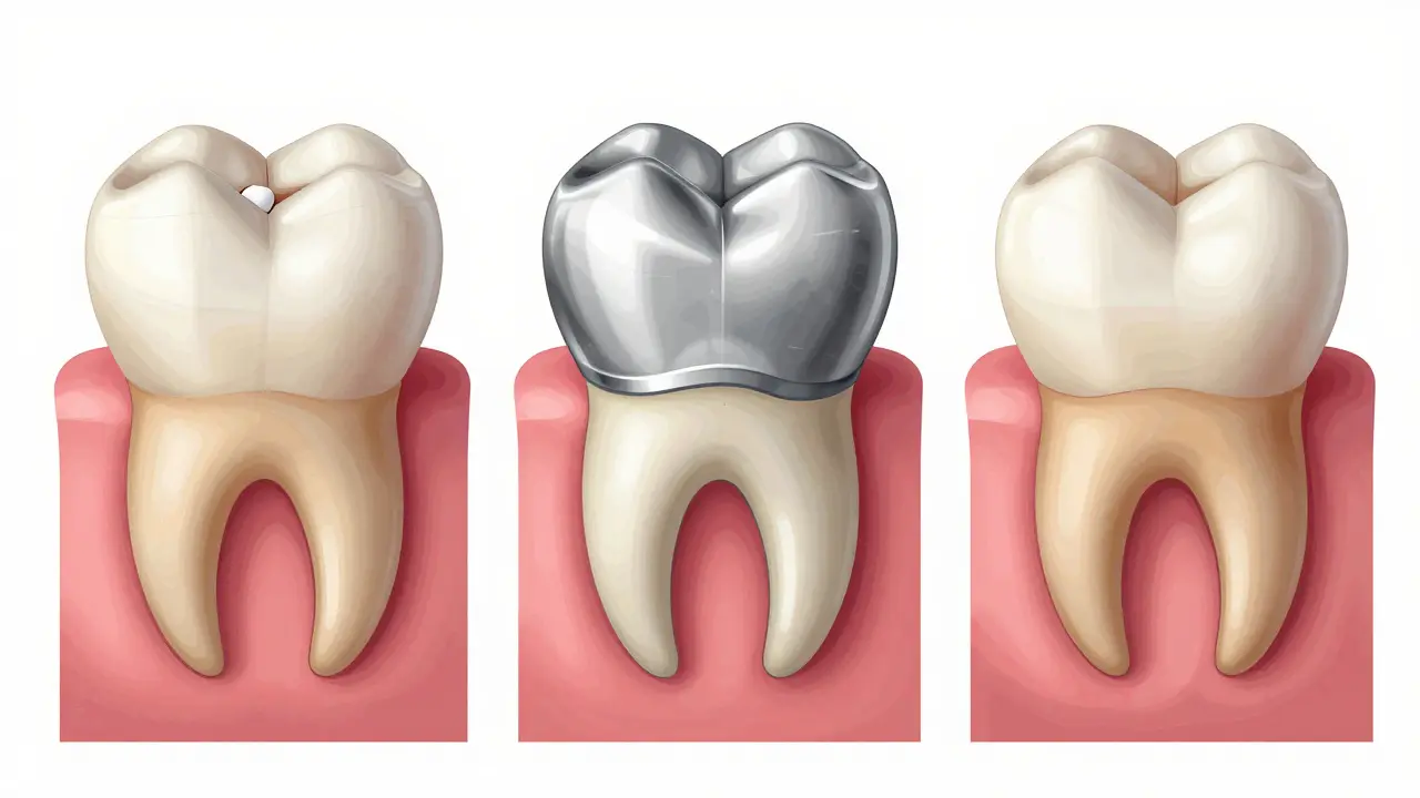 Srovnání zdravého zubu, zubu s korunkou a zubu k vytáhnutí