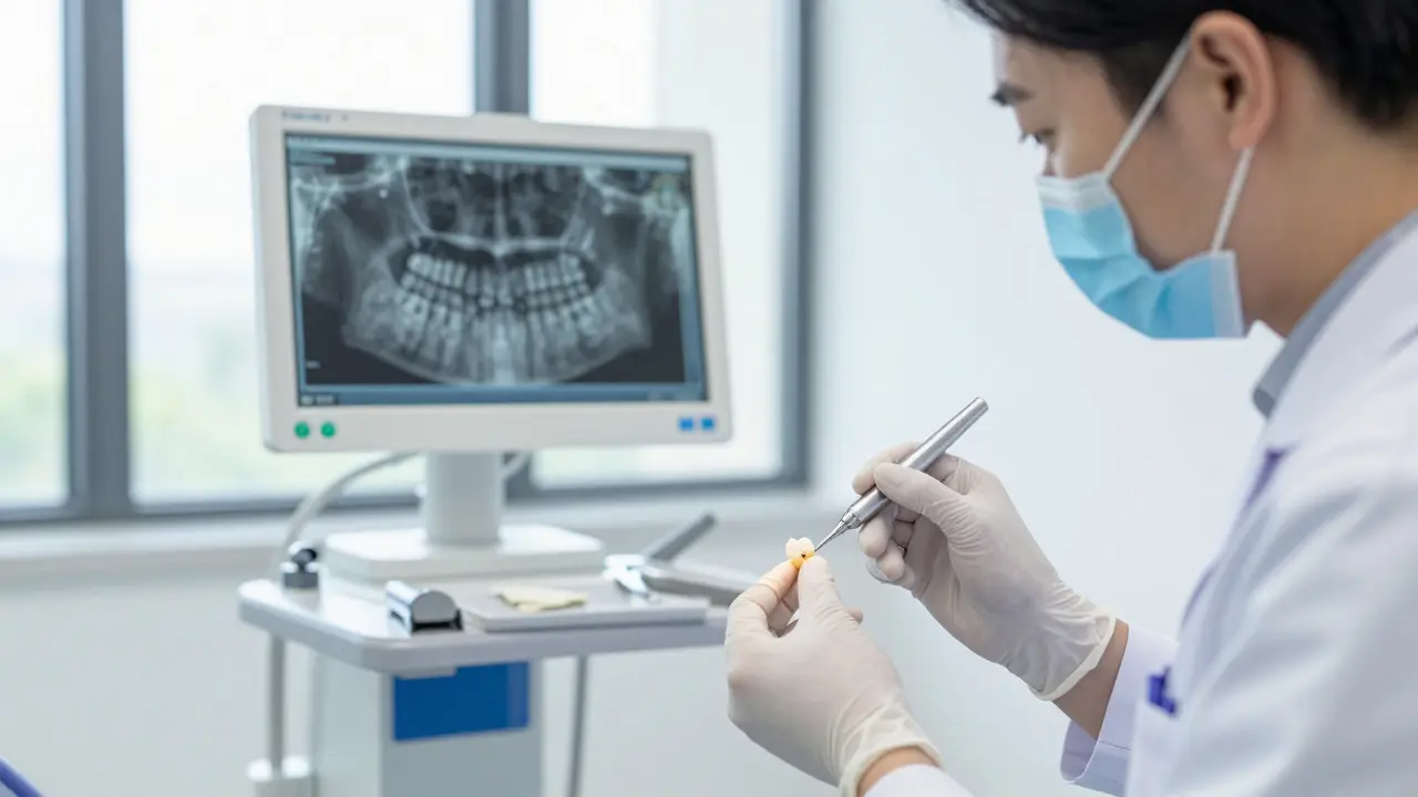 Stomatolog připevňuje keramickou korunku na léčený zub v moderní ordinaci.