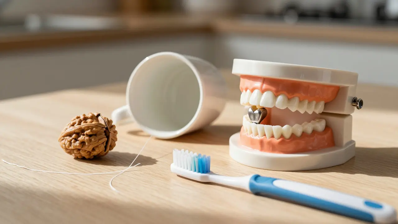 Symbolická scéna: rozbitý ořech a keramická šálka vedle zubní korunky