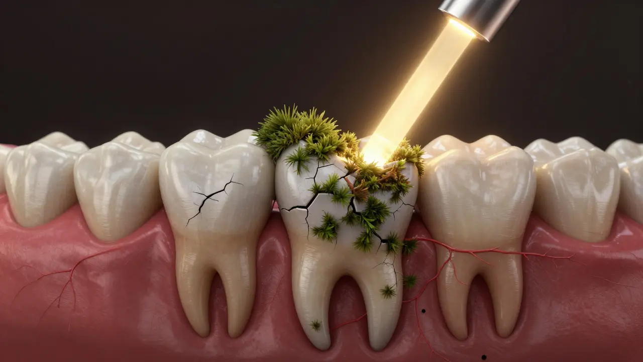 Symbolický obraz zubu s kamenem, který rozděluje odborný nástroj.