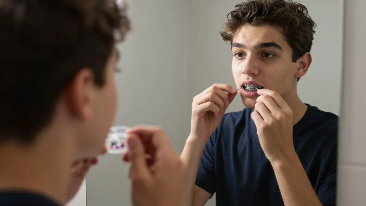 Teenager při výměně ortodontických gumiček před zrcadlem s batůžkem na zádech.