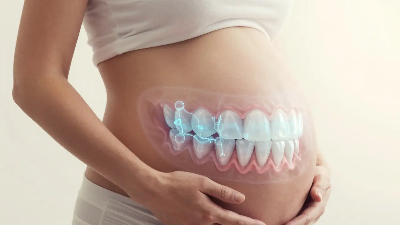 Těhotná žena s přehledem vývoje zubů plodu a vazbou antibiotika na emal.