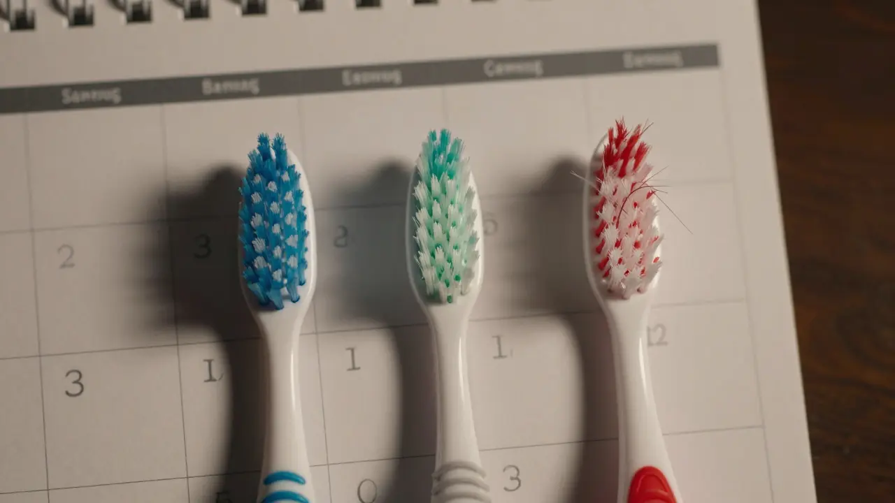 Tři hlavice sonického kartáčku v různých stádiích opotřebení: nová, mírně opotřebovaná a poškozená.